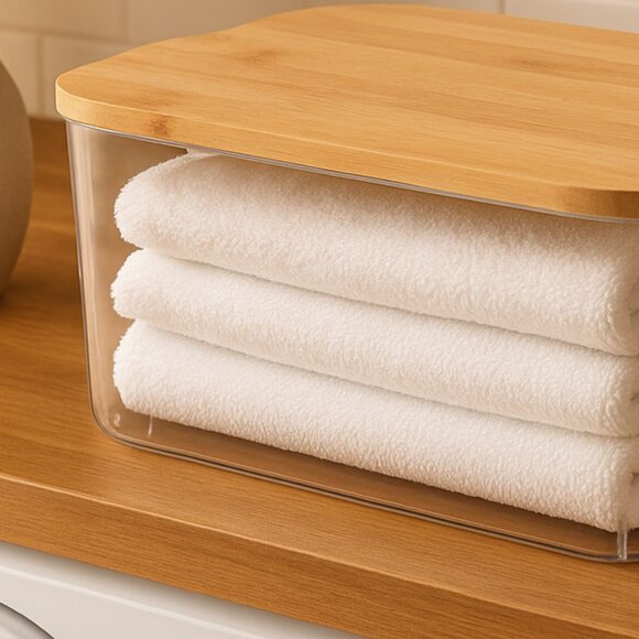 NWT Clear Acrylic Closet Storage Organization Box Container With Bamboo Lid . - Picture 3 of 12